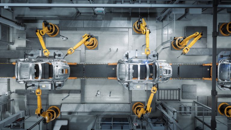 Aerial Car Factory 3D Concept: Automated Robot Arm Assembly Line Manufacturing Advanced High-Tech Green Energy Electric Vehicles