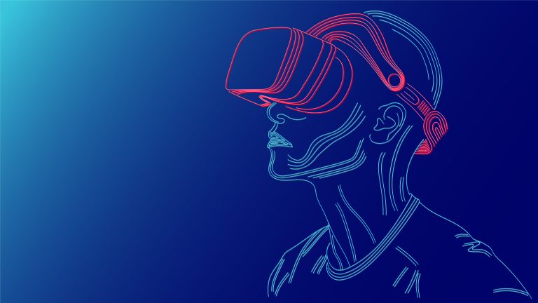 Line man with VR headset sees on the blue light